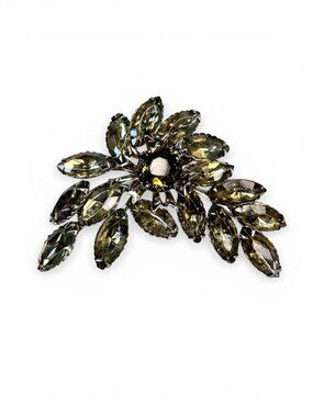 Floral Spray Brooch Gray Glass Navette Prong Set Silver Tone 1950s Vintage